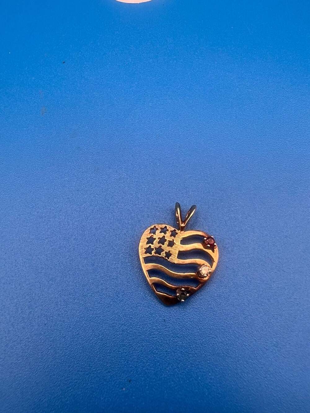14K Yellow Gold USA Flag Heart Pendant with Gemstones